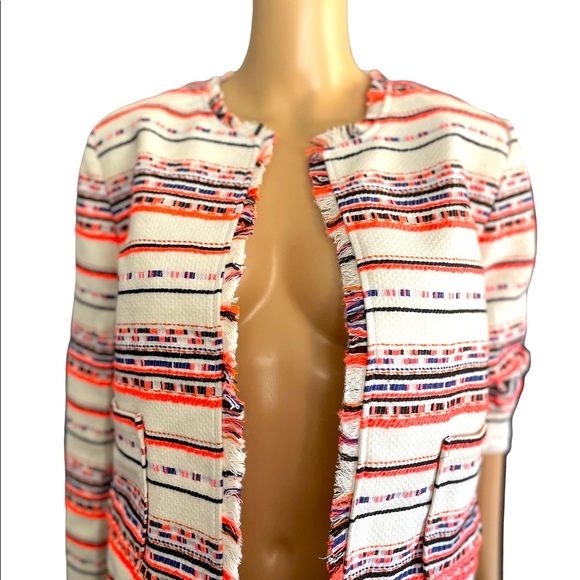 Belle Vere White Woven tweed tassel long sleeve cropped open blazer size med - Picture 3 of 9